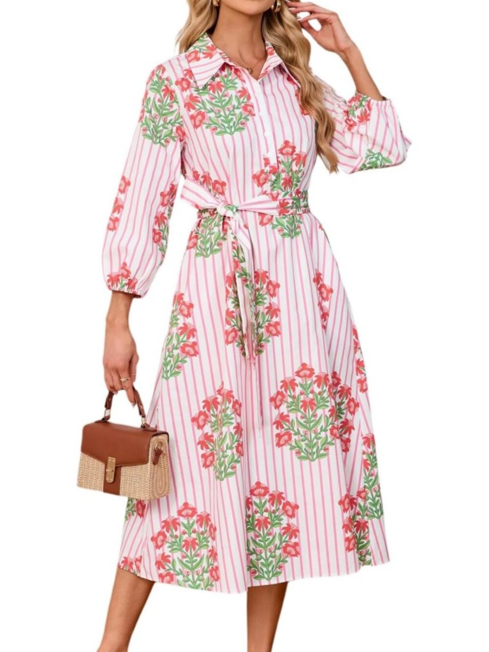 Floral Midi Shirt Dress for Women - Summer Casual A-Line, 3/4 Puff Sleeve